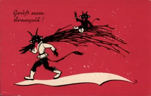 Ak Gruß vom Krampus, Rute, kleiner Krampus