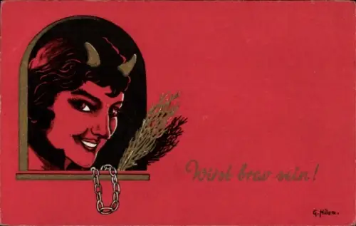 Künstler Ak Milan, G., Wirst brav sein!, Krampus, Frau mit Hörnern