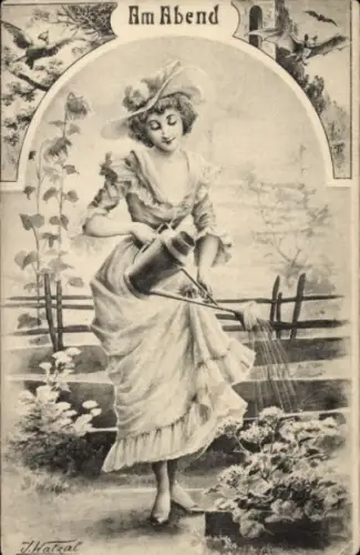 Künstler Ak Walzal, J., Junge Frau, Gießkanne