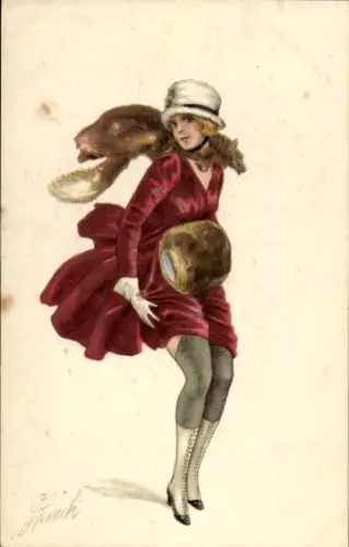 Künstler Ak Frau mit hochgewehtem Rock, Strümpfe, Pelzstola, Muff