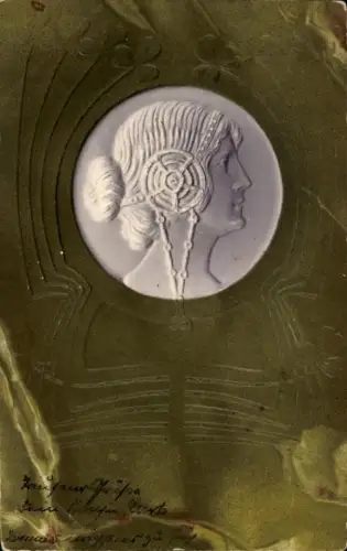 Jugendstil Präge Ak Frauenportrait, Haarschmuck