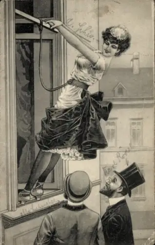 Ak Neugierige Männer, Frau am Fenster