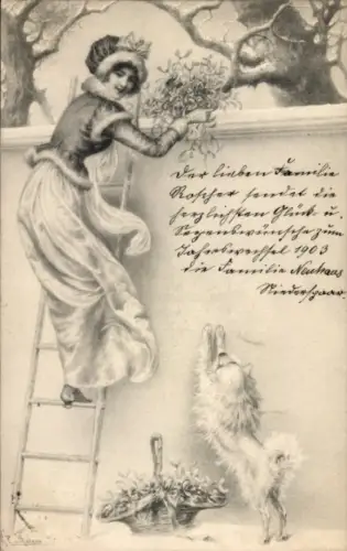 Künstler Ak Wichera, Frau, Leiter, Mistelzweige, Spitz, Munk
