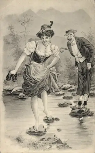 Ak Frau überquert Fluss, Mann, Gebirge