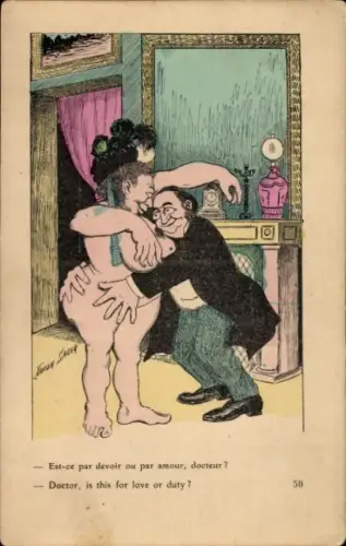 Künstler Ak Xavier, S., Mann umarmt eine nackte Frau