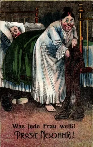 Ak Glückwunsch Neujahr, Frau durchsucht die Hose ihres Mannes
