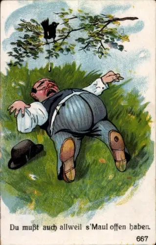 Ak Schlafender Mann, Du musst auch allweil s'Maul offen haben