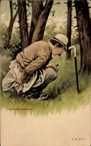 Ak Toilettenhumor, Mann im Wald, Unverhofft kommt oft
