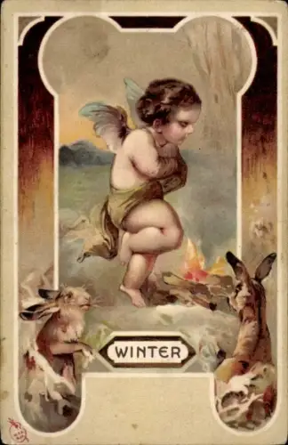 Passepartout Ak Allegorie, Winter, Engel, Hasen, Lagerfeuer