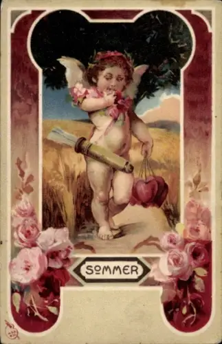 Passepartout Ak Allegorie, Liebesengel, Rosen, Herzen