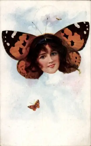 Ak Frau-Porträt, Schmetterling