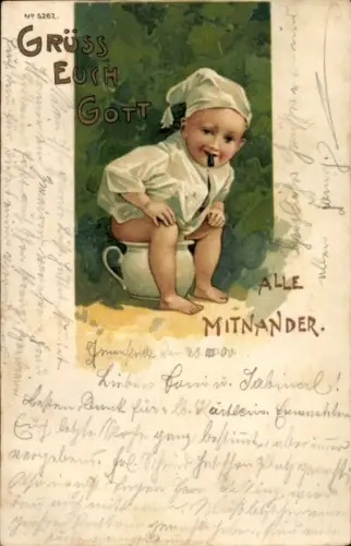 Litho Kind auf dem Nachttopf, Toilettenhumor