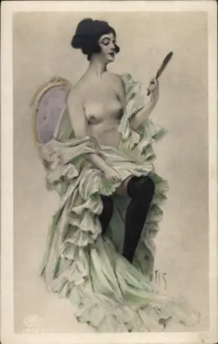 Künstler Ak Barbusige Frau, Spiegel, Strümpfe, Erotik