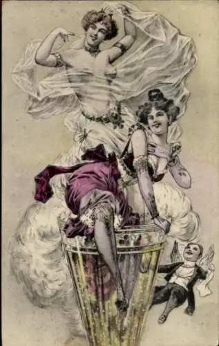 Ak Feiernde Frauen, Sektglas, Engel