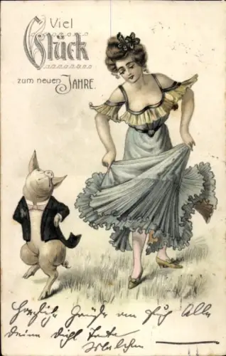 Ak Glückwunsch Neujahr, Frau und Schwein tanzen