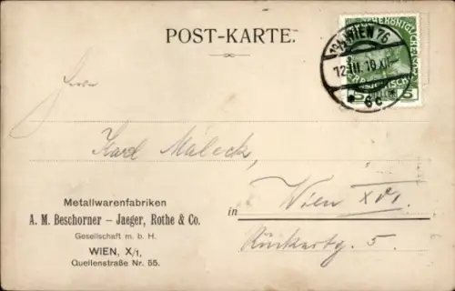 Ak Wien 10, Firmenaufdruck Metallwarenfabriken A. M. Beschorner, Jaeger, Rothe & Co., Quellenstr. 55