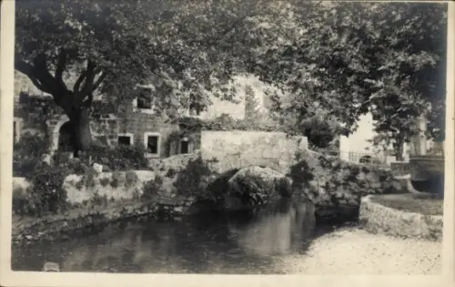 Foto Ak Tessin Schweiz, Mühle am Fluss Brenno, Steinbrücke