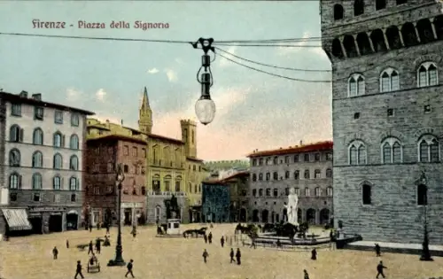 Ak Firenze Florenz Toscana, Offener Platz mit Brunnen und Statue, Personen und Pferdekutsche, hän