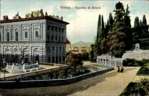 Ak Firenze Florenz Toscana, mehrstöckiges Steingebäude, Springbrunnen, Balustrade, Weg mit Figure