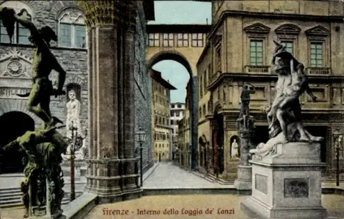 Ak Firenze Florenz Toscana, Figürliche Statuen, Skulpturengruppe, Enger Durchgang, Straßenlaterne