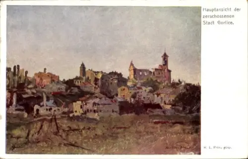 Künstler Ak Prinz, K L., Gorlice Polen, Hauptansicht der zerschossenen Stadt