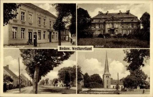 Ak Roskow in der Mark, Gasthaus Stage, Schloss, Tankstelle, Dorfstraße, Kirche mit Kriegerdenkmal