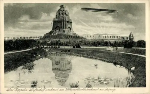 Ak Leipzig, Völkerschlachtdenkmal, Teich, Zeppelin
