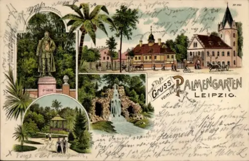 Litho Leipzig in Sachsen, Ansichten aus dem Palmengarten, Grotte, Dr. Carl Heine Denkmal