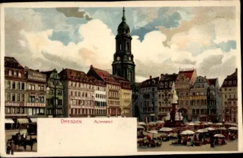 Litho Dresden Altstadt, Altmarkt, Wilhelm Geisslers Toilettenseifen, Reklame