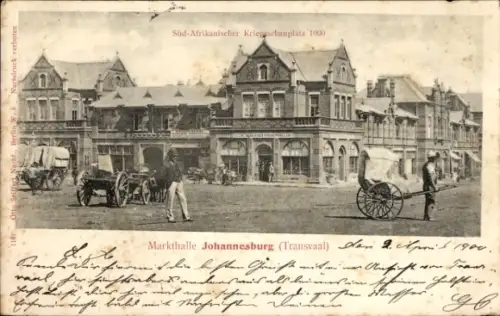 Ak Johannesburg Südafrika, Markthalle-Gebäude, Straßenansicht mit Pferdewagen und Handkarren, Fuß