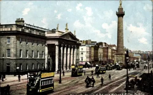 Ak Dublin Irland, Säulen-Denkmal mit Statue, Straßenbahnen, Fußgänger, Kutschen, Ladenfronten, 'C
