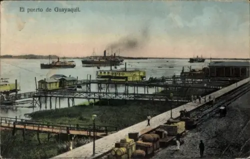 Ak Guayaquil Ecuador, Kai mit Kisten, Holzstege/Pontons, mehrere Dampfschiffe, Anlegerhäuschen, P