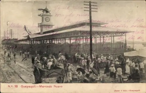 Ak Guayaquil Ecuador, Uhrturm, überdachter Markt, viele Stände und Verkäufer, Wagen, Sonnenschirm