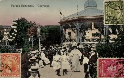Ak Guayaquil Ecuador, Musikpavillon im Park, Spaziergänger und Kinder in weißen Kleidern, drei Br