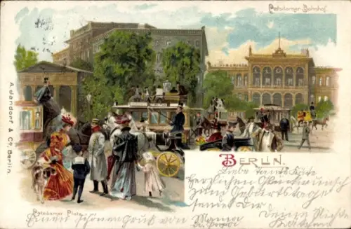 Litho Berlin Tiergarten, Potsdamer Platz, Potsdamer Bahnhof, Kutschen