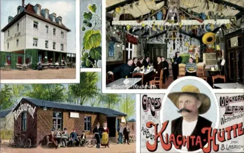 Ak Möckern Leipzig in Sachsen, Kiachta-Hütte, Inh. B. Lasrich, Bauern-Museum, an der Wettinbrücke