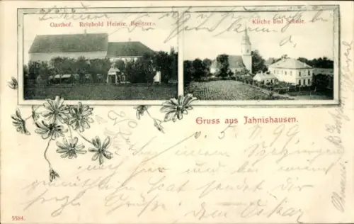 Ak Jahnishausen Riesa an der Elbe Sachsen, Gasthof Reinhold Heinze, Kirche, Schule