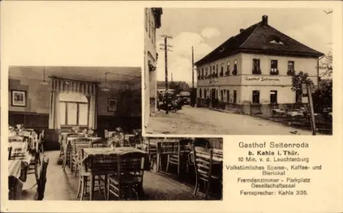 Ak Seitenroda in Thüringen, Innenraum mit Tischen und Stühlen, Außenansicht des Gasthofs mit Besc
