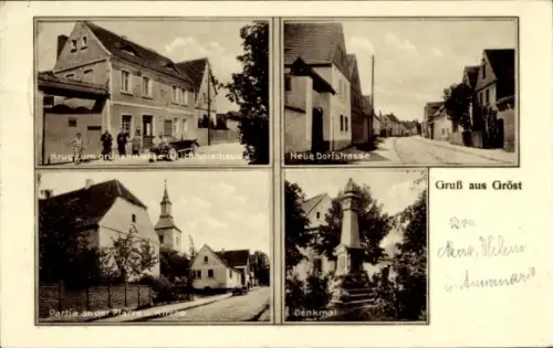 Ak Almsdorf Gröst Mücheln im Saalekreis, Wirtshaus mit Personen, Dorfstraße mit Häusern, Dorfkirc