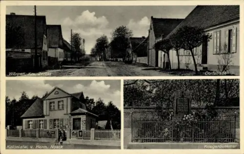 Ak Wörpen Coswig in Anhalt, Dorfstraße, Kolonialwarenhandlung von Herm. Noack, Kriegerdenkmal