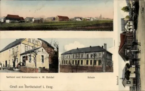 Ak Berthelsdorf Liebstadt im Erzgebirge, Dorfpanorama, Sattlerei/Kolonialwaren, Schule, Bahnhof