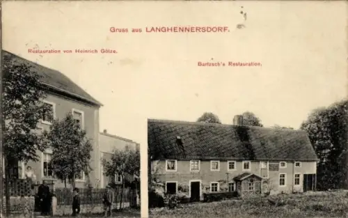 Ak Langhennersdorf Oberschöna in Sachsen, Zwei Gasthäuser nebeneinander, mehrere Personen am Zaun