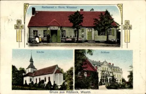 Ak Ribbeck Nauen im Havelland, Restaurant v. Herm. Wiesener mit Personen, Kirche, Schloss