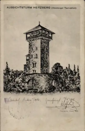 Künstler Ak Bad Homburg vor der Höhe im Taunus Hessen, Herzberg, Aussichtsturm, Taunusklub