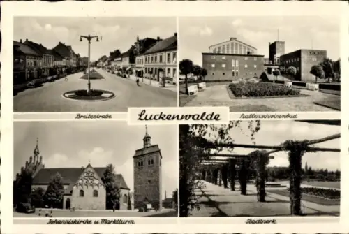 Ak Luckenwalde in Brandenburg, Breitestraße mit Mittelinsel, Platz mit Gebäuden, Kirche & Turm, P