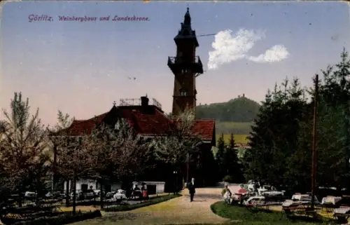 Ak Görlitz in der Lausitz, hoher Aussichtsturm, Gebäude mit rotem Dach, Parkbäume, Weg mit Fußgän