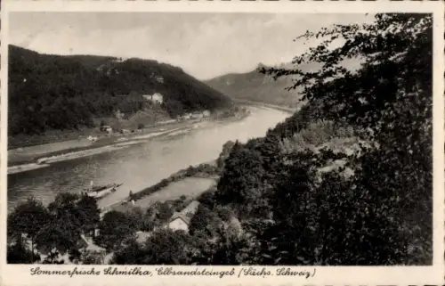 Ak Schmilka Bad Schandau Sächsische Schweiz, Fluss mit Ausflugsschiff, geschwungene Ufer, bewalde