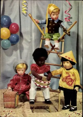 Ak Käthe Kruse-Puppen, Feier, Ballons, Trommel