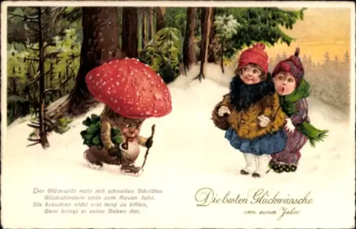 Künstler Ak Neujahr Glückwunsch, Kinder, Pilz mit Klee