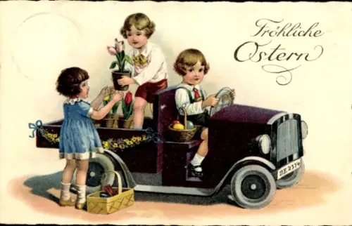 Ak Glückwunsch Ostern, Kinder, Auto, Körbe, Blumen